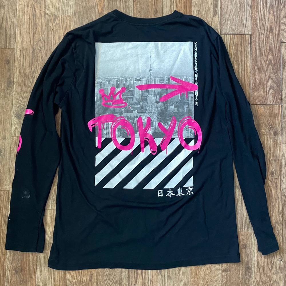Fresh Laundry Japan Tokyo Shirt Mens L Black Pink Long Sleeve Graphic Streetwear